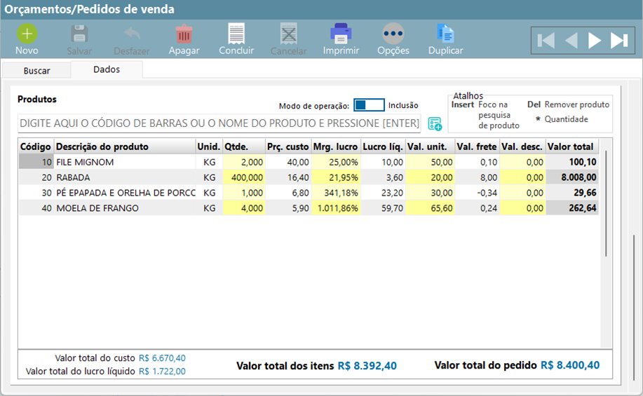 Orçamentos e pedidos de venda